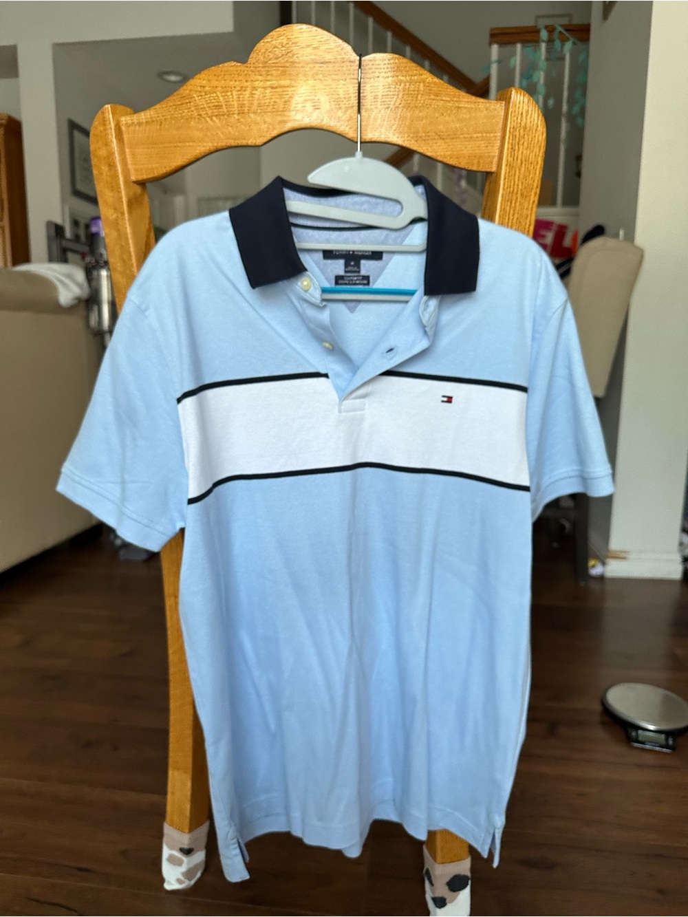 Tommy Hilfiger Men’s Light Blue Polo with Navy Collar and White Chest Stripe M